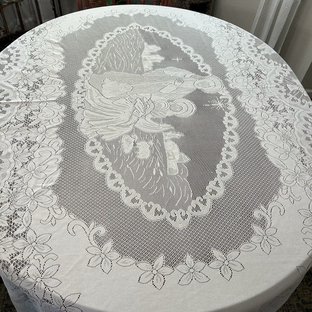 Noble Home Vintage White Lace Nativity Tablecloth Scalloped Edges Ornate 60x96